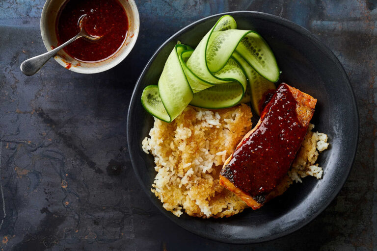 salmon, gachugarunwith crispy rice